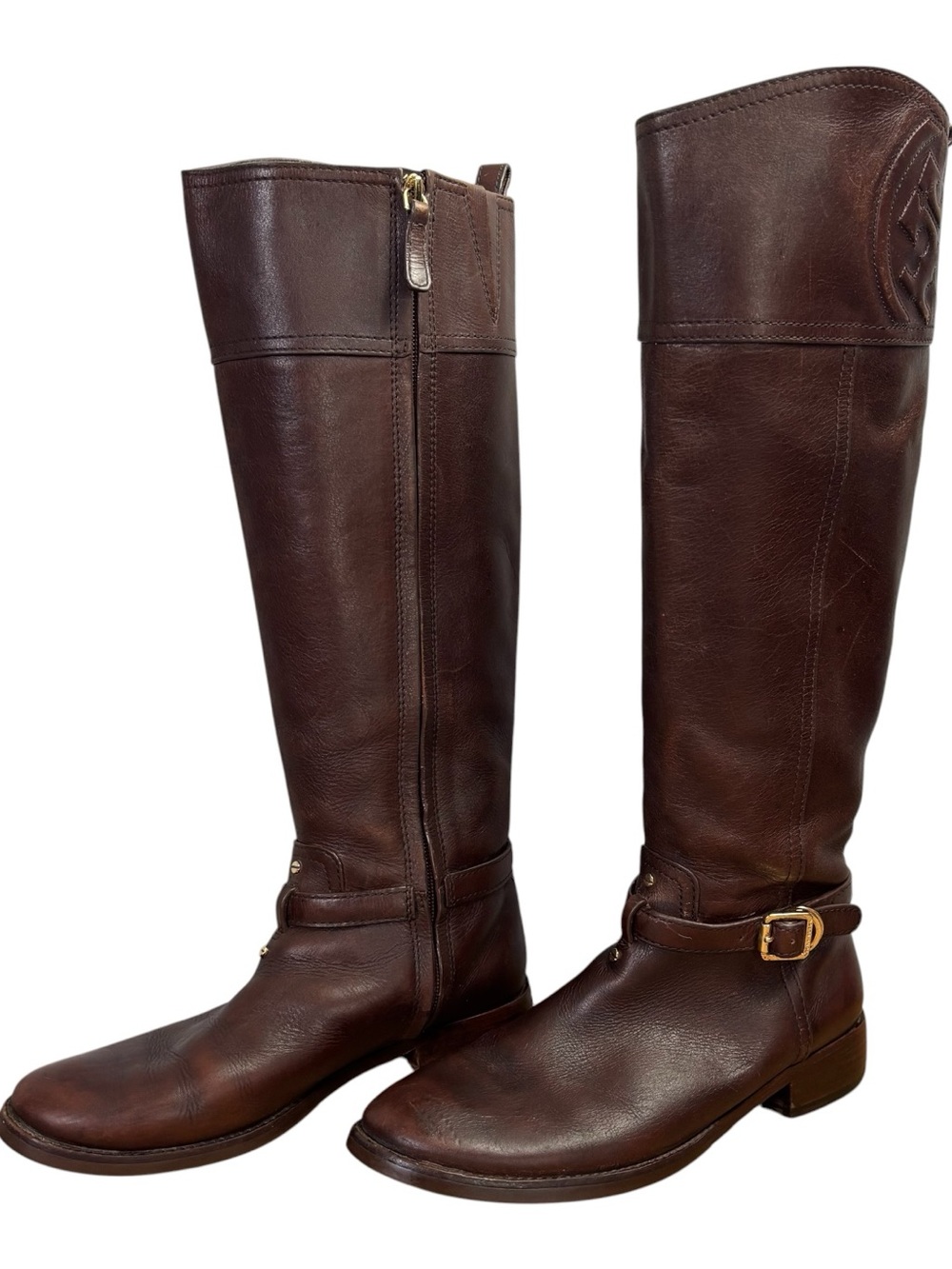 Tory Burch Marlene Brown Leather Knee High Side Zip Riding Boots Size 7M